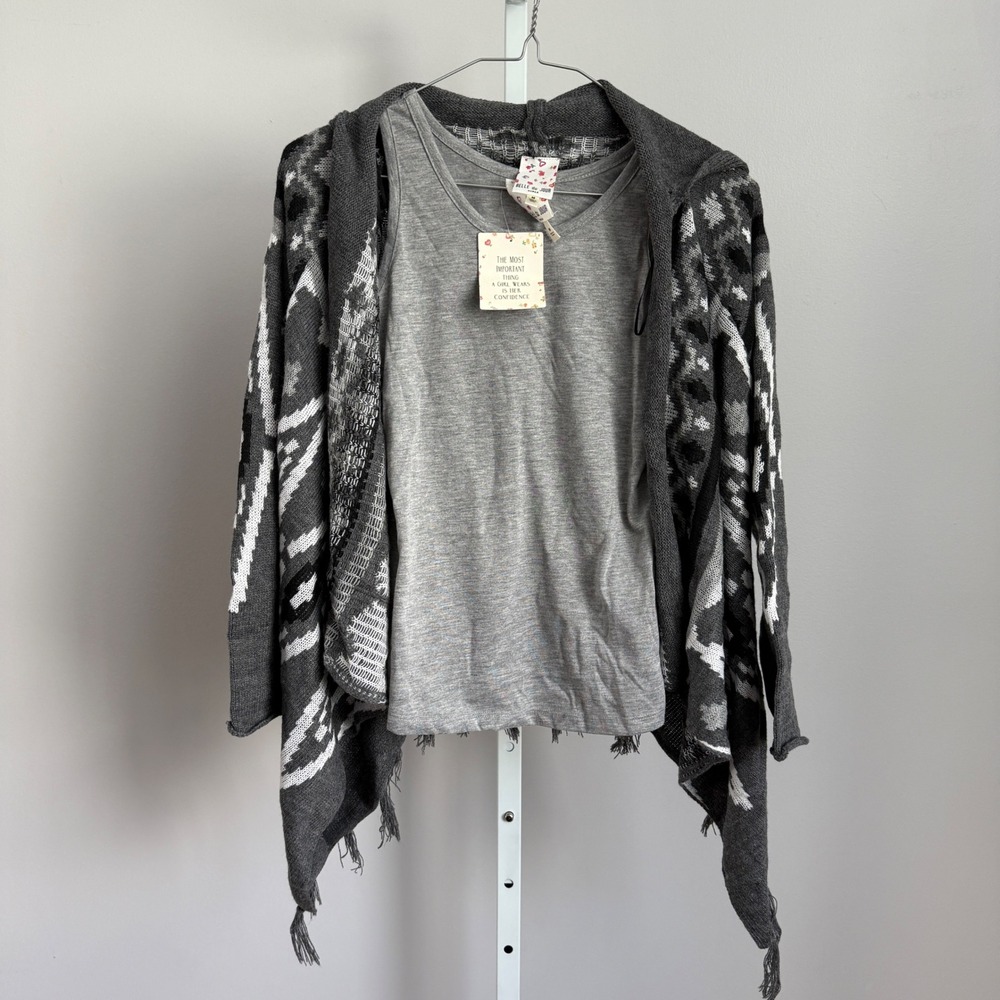 Belle Du Jour Girls Gray Tank Top & Hooded‎ Sweater Cardigan Set - M